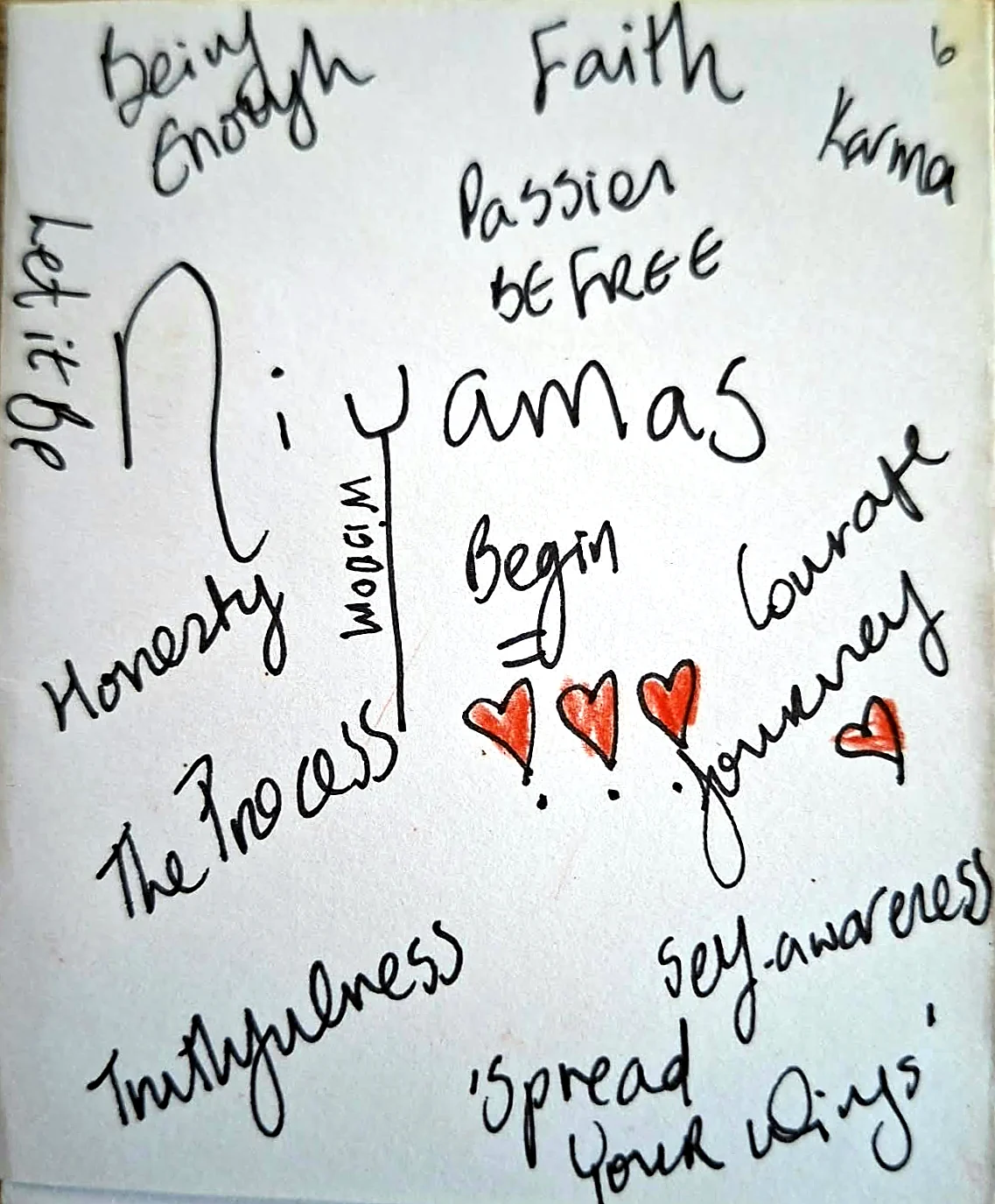 Jane’s handwritten Niyamas cover card