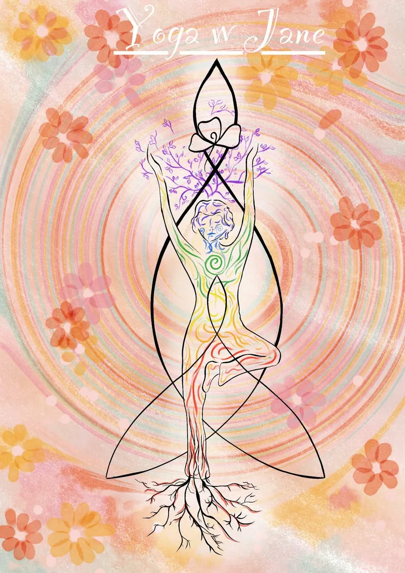 A colourful drawing lettered Yoga with Jane